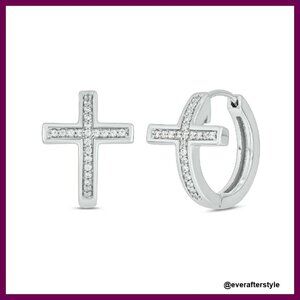 Sterling Silver Diamond Cross Hoop Earrings Elegant Huggie Style Secure Closure